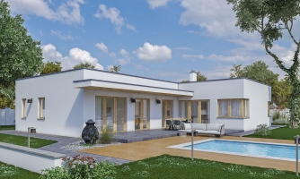 Maison moderne en forme de L avec fenêtres d'angle et stationnement d'auto couvert. L'espace de vie fait face au jardin.